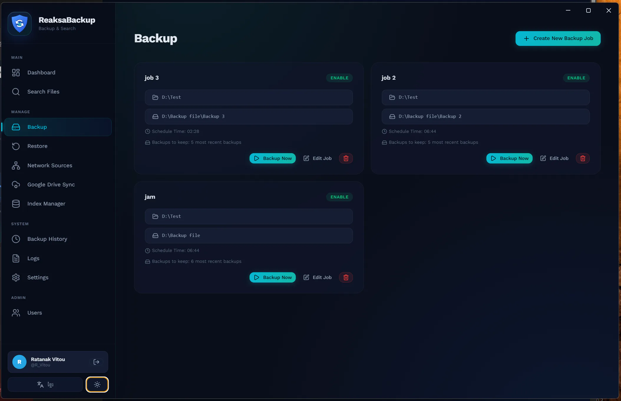 ផ្ទាំង Backup ក្នុង dark mode